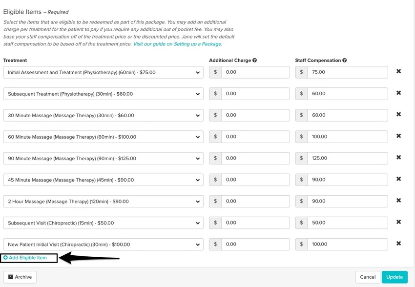 An image of where to view the list of eligible items and to add a new item to the list