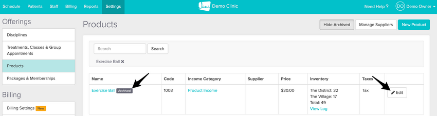 Product List page with Show Archived button on with Archived badge next to archived Product