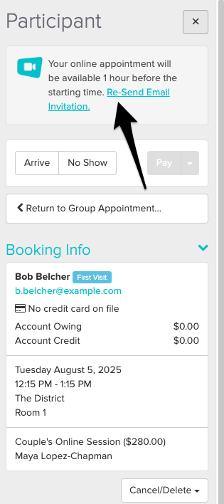 An image of where to view and click on the invitation link within the appointment panel