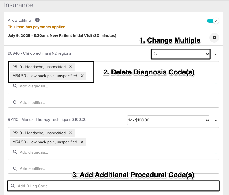 An image of where to change the procedural code or the diagnosis code within the billing area of the patient's profile