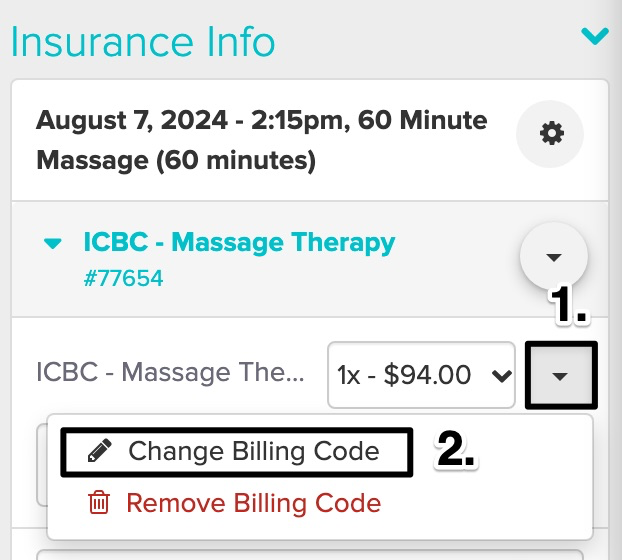 screenshot of how to change the billing code