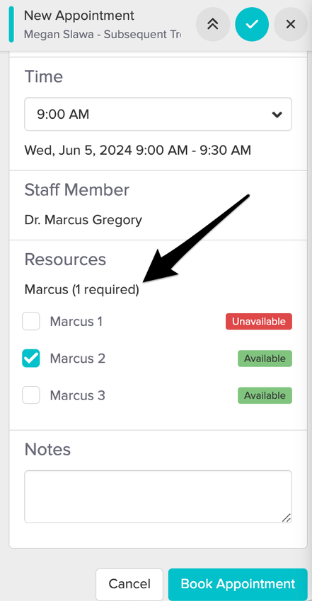 a screenshot of resources in the appointment panel