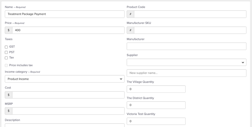 screenshot of product setup for option 2