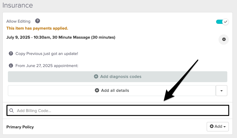 An image of the allow editing toggled on and where to enter in the billing code