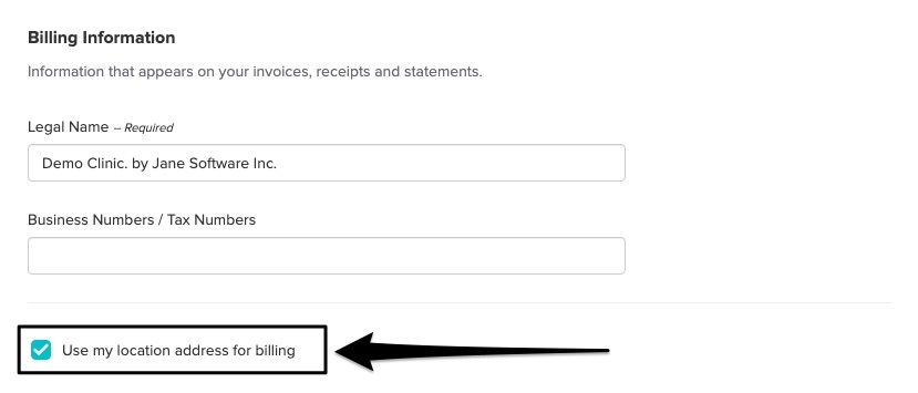 image of the billing information panel when setting up a location