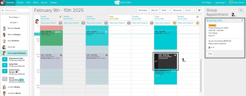 An image of the schedule when the cancelled schedule filter is turned on and you've clicked on the black appointment block