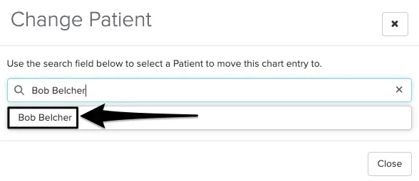 An image of what it looks like to type and then select the patient's name