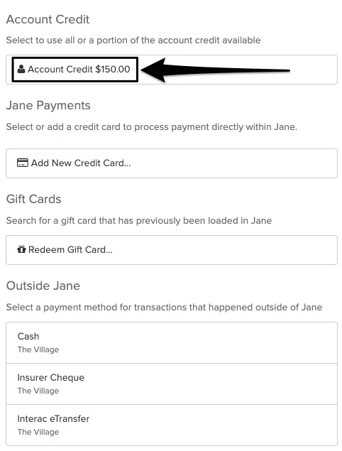 An image of what the pop up looks like after you click on the add payment method text and where to view and select the credit as the payment method