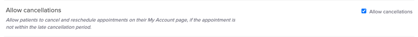 An image of that the setting looks like within the booking, cancelling and relationships section of the overall online booking settings