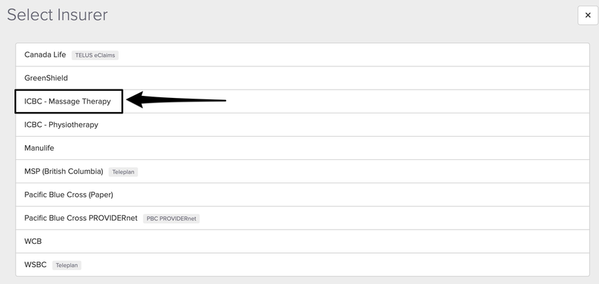 screenshot of where to view the insurer to select it