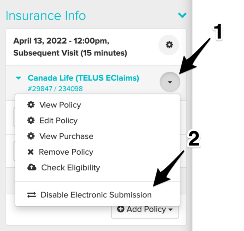 A screenshot of where to click on the black dropdown arrow to disable electronic submission within a claim