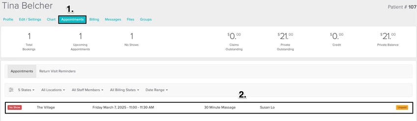 a screenshot of where to view and click on the no show appointment