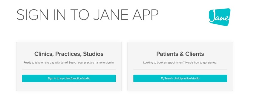 An image of where staff members and patients of clinics can search their clinic from the main jane website page