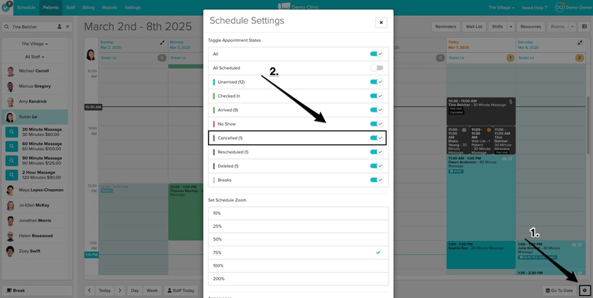 a screenshot of where to find the schedule view setting and how to toggle on the cancelled filter