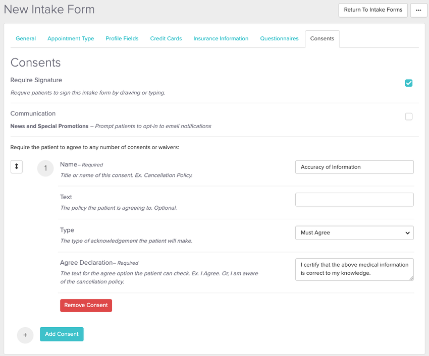 consents in intake forms