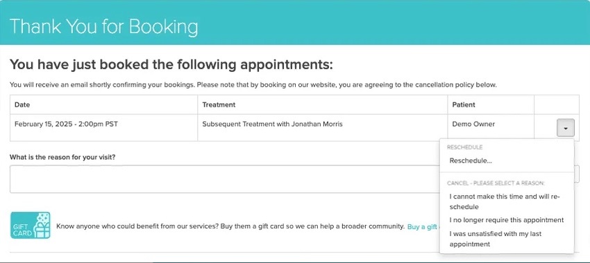 An image of what the thanks for booking page looks like after the grace period but before the late cancellation period