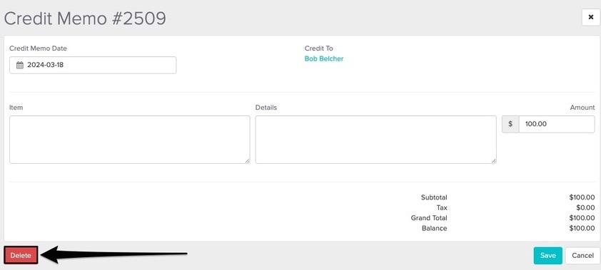 An image of the navigational steps on where to find the delete button within a credit memo