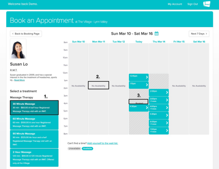 screenshot of where the Booked and No Availability text appears on the online booking site
