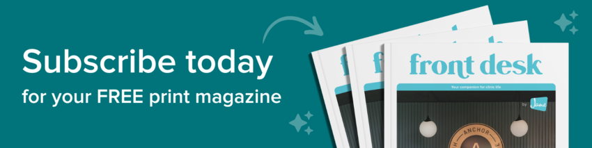 The cover of Front Desk magazine against a blue background with the text: "Subscribe today for your FREE magazine"