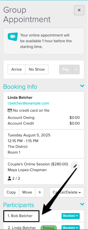 An image of where to view and click on the participants name within the appointment panel