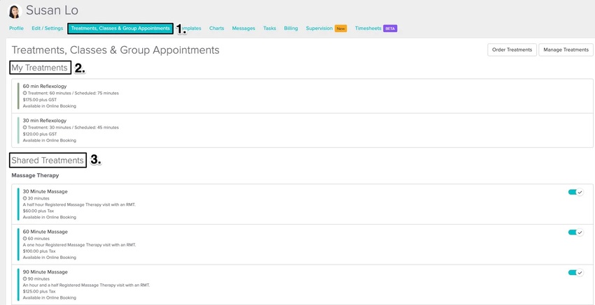 An image of the treatments, classes and group appointments area of the staff profile and each of the sections