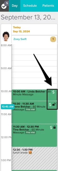 An image of what the schedule from the day view looks like for appointments with no linked chart entries