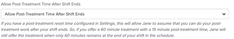 An image of what the allow post treatment time setting looks like within the staff member's profile after they navigate to the online booking area