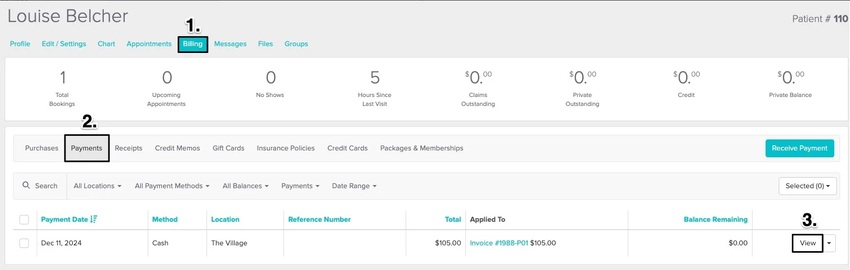 An image of the navigational steps to view the patient's payment