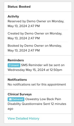 An image of what the different statuses look like within history and status section of the appointment panel