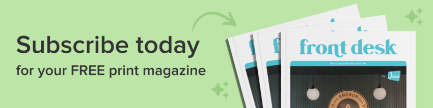 The cover of Front Desk magazine against a yellow background with the text: "Subscribe today for your FREE magazine"