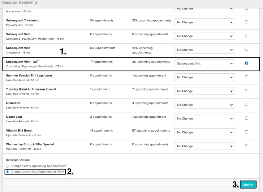 An image of what the reassignment should look like and where to toggle on the option to update only upcoming appointments