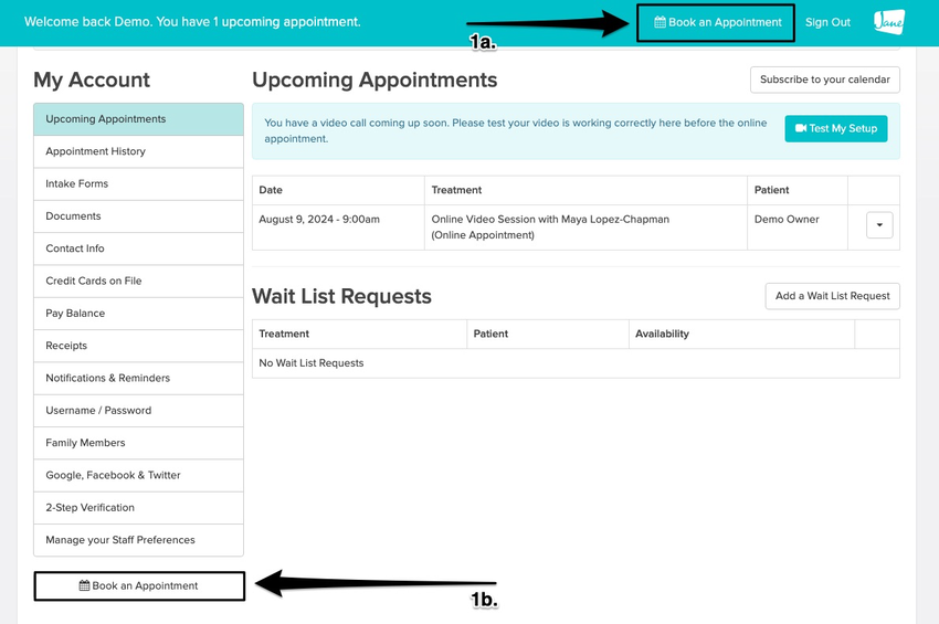 screenshot of where to find the book an appointment button in either area