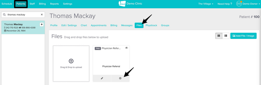 a patient's Files tab showing the option to download a file