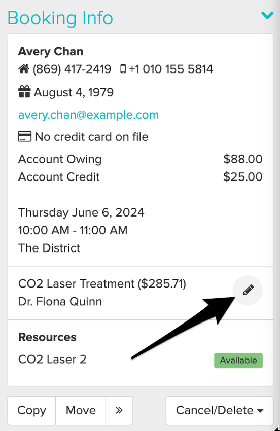 s screenshot of the appointment panel showing the edit appointment pencil