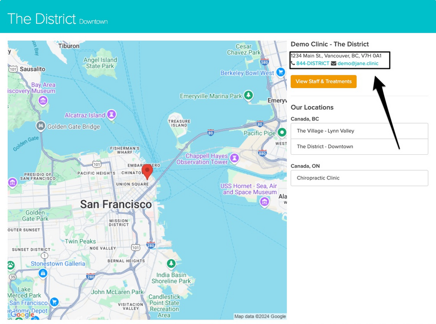 An image of where they can find the clinic's contact information on the new page they're redirected to