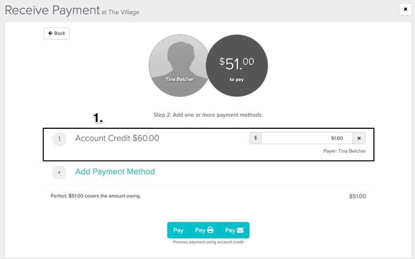 An image of the receive payment screen displaying the credit as a payment method
