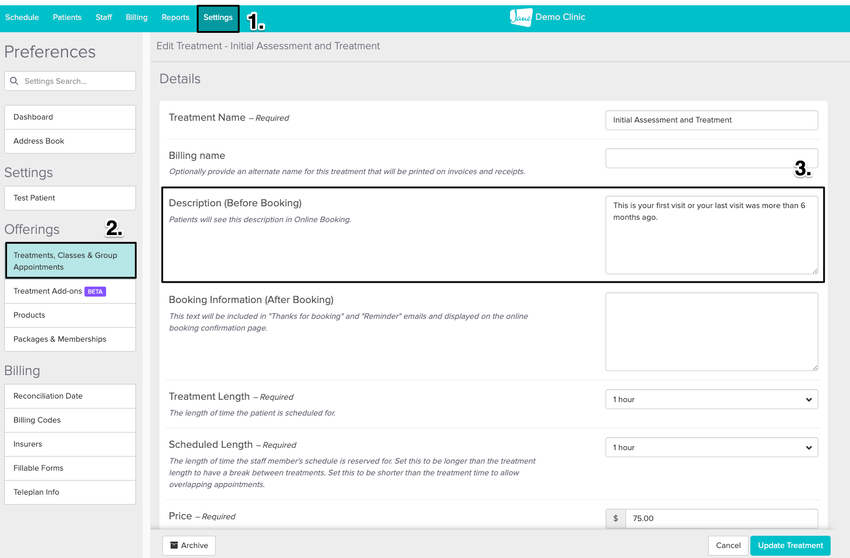 An image of the navigational steps to view and update online treatment description