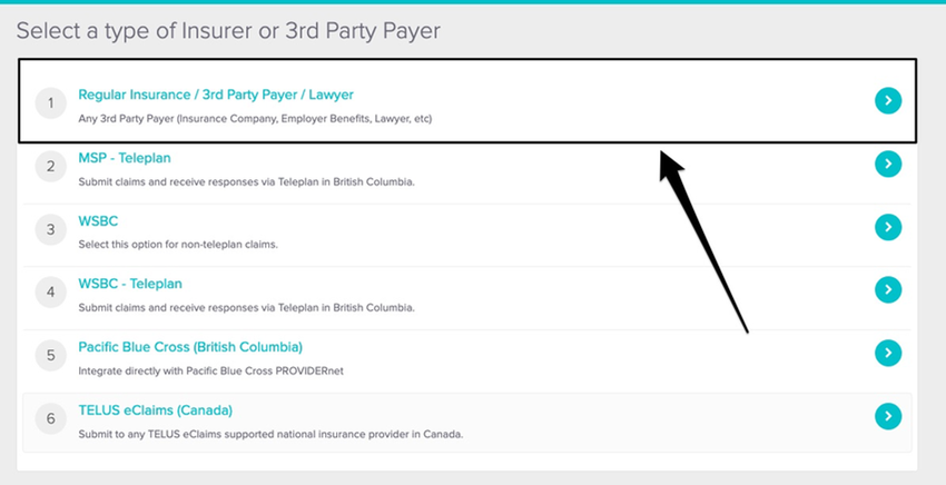 screenshot of where to select the insurer type