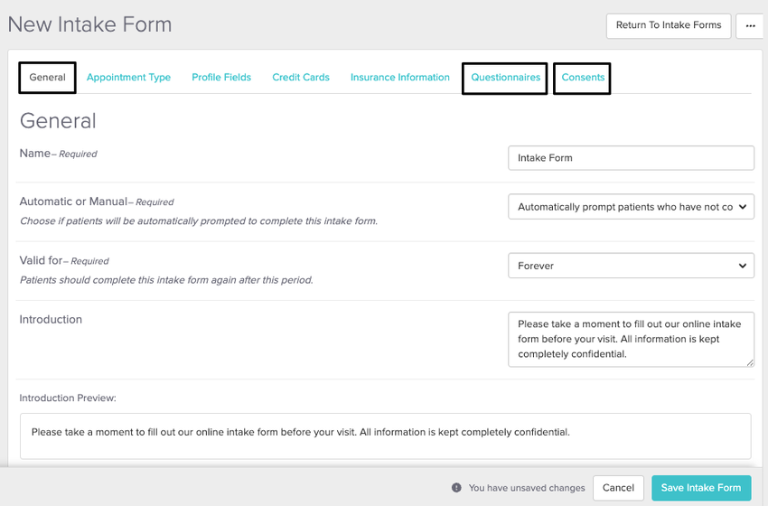 intake form tabs