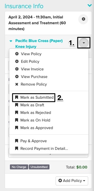 screenshot of the appointment panel, scrolled down to the insurance info section