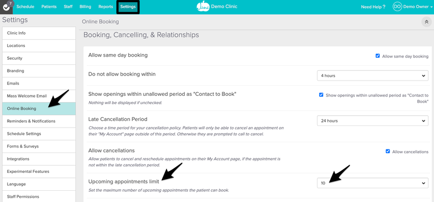 Online Booking Settings page highlighting the Upcoming appointments limit options