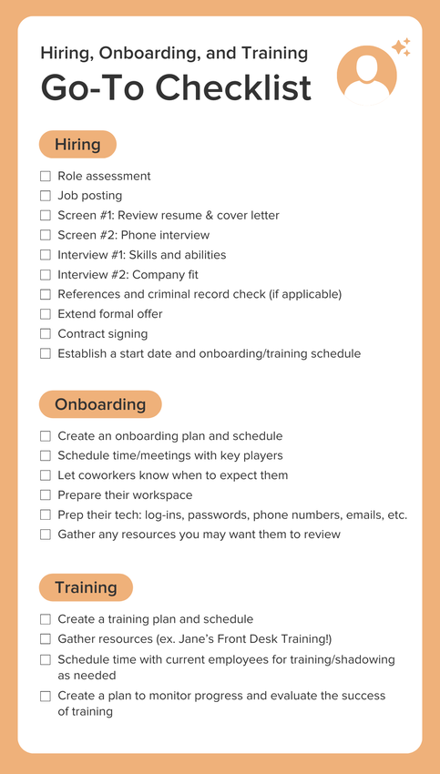 A checklist with an orange background and a silhouette profile with star illustrations around it. The title of the checklist is Hiring, Onboarding, and Training
Go-To Checklist. The first section is "Hiring" with the following checkboxes listed underneath: Role assessment; Job posting; Screen #1: Review resume & cover letter; Screen #2: Phone interview; Interview #1: Skills and abilities; Interview #2: Company fit; References and criminal record check (if applicable); Extend formal offer; Contract signing; Establish a start date and onboarding/training schedule. The second section is "Onboarding" with the following checkboxes listed underneath: Create an onboarding plan and schedule; Schedule time/meetings with key players; Let coworkers know when to expect them; Prepare their workspace; Prep their tech: log-ins, passwords, phone numbers, emails, etc. Gather any resources you may want them to review. The third section is "Training" with the following checkboxes listed underneath: Create a training plan and schedule; Gather resources (ex. Jane’s Front Desk Training!); Schedule time with current employees for training/shadowing as needed; Create a plan to monitor progress and evaluate the success of training