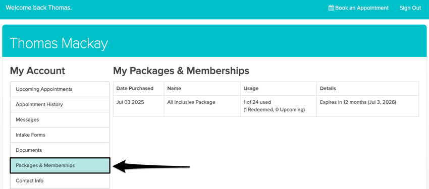 An image of the patient portal and where to click on Packages & Memberships to find details