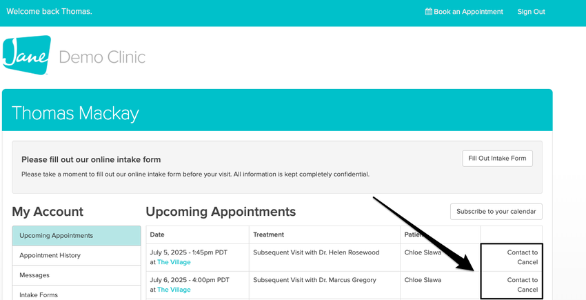 An image of what the Contact to Cancel language looks like from the My Account patient portal