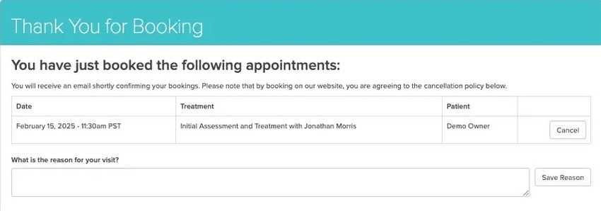 An image of what the thanks for booking page looks like during the grace period