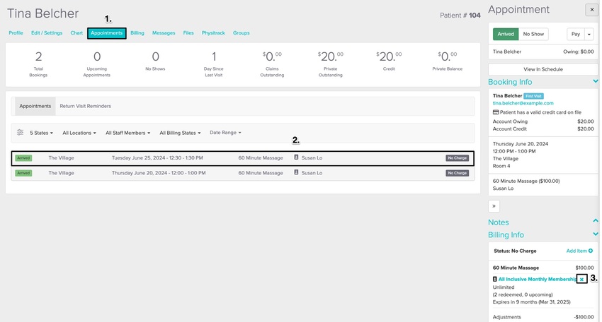 screenshot of the appointment panel, scrolled down tot he billing info section