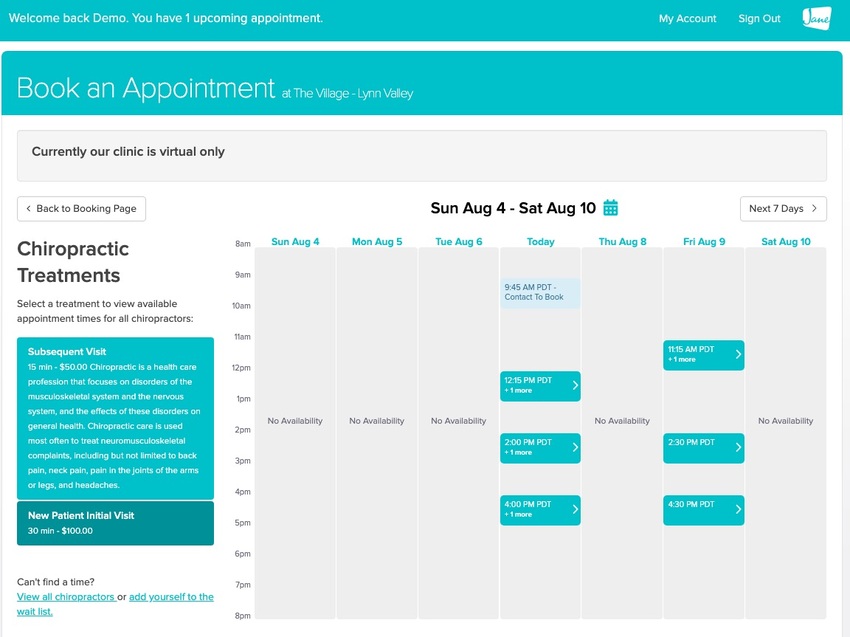 screenshot of where the treatment list on the left appears and the calendar for available treatments appears on the right