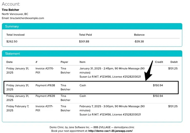 An image of the patient statement filtered to invoices and payments and how the payment line is displayed