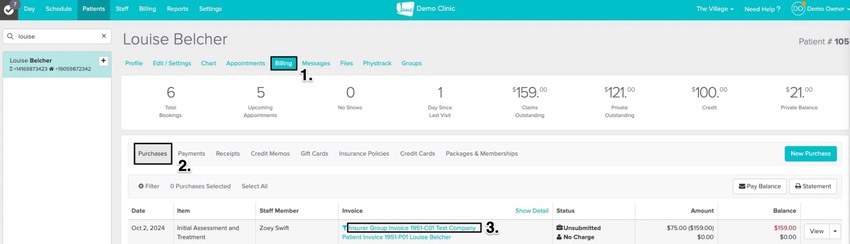 An image of the navigational steps and where to find and click on the blue Insurer invoice group text