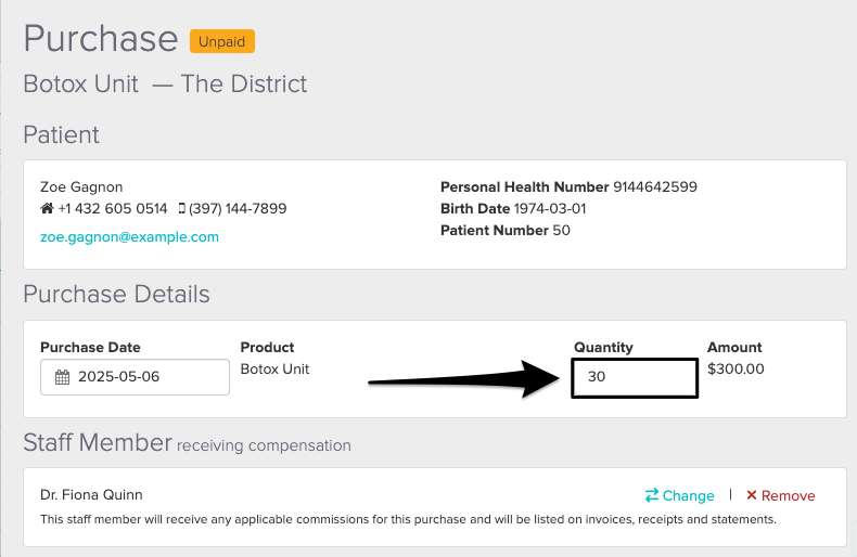 An image of where to adjust the product quantity after you click on the word view within the appointment panel